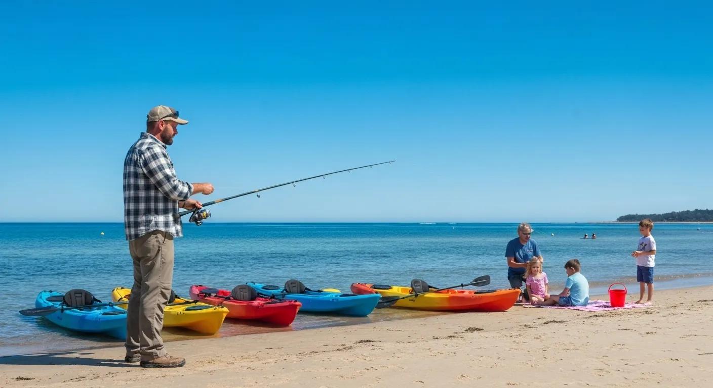Exciting outdoor activities at Rockport Beach, including fishing from the shore, paddling kayaks, and enjoying family picnics