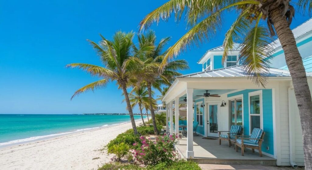 Charming beachfront vacation home in Rockport, TX under a bright, sunny sky with swaying palm trees