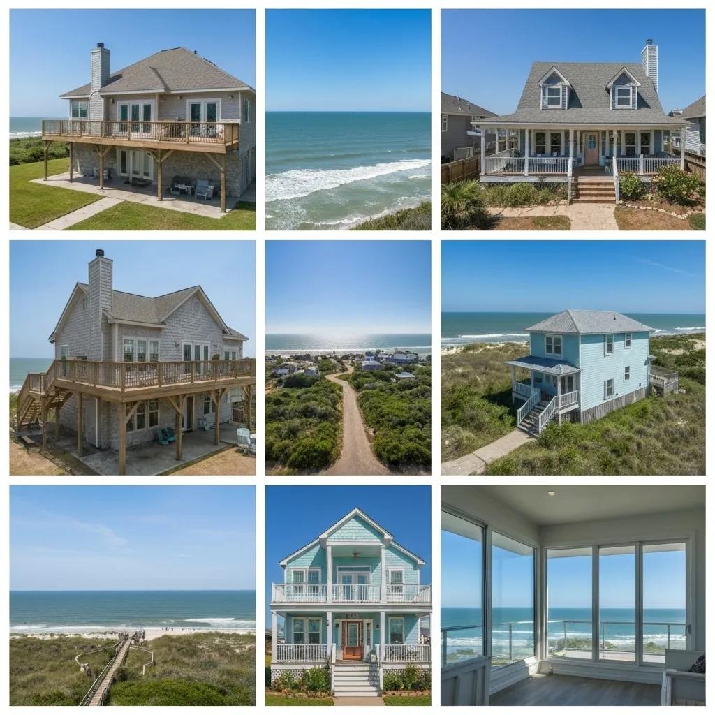 A vibrant collage showcasing different beachfront property styles in Rockport, TX, including spacious beach houses, modern condos, and cozy cottages